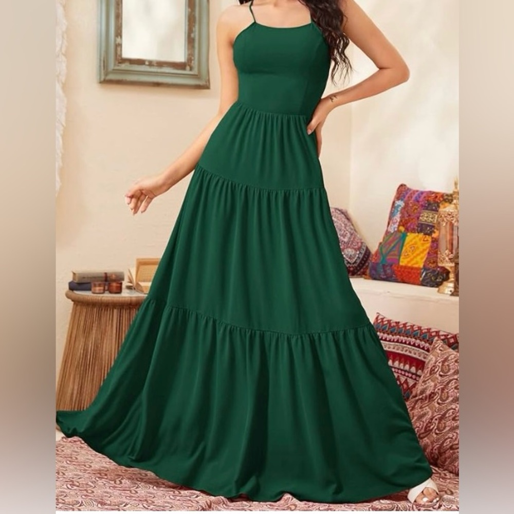 NWOT ADAGRO Dk Green Maxi Dress for Women Lace Up Backless Flounce Hem Cami SZ S - Picture 2 of 7